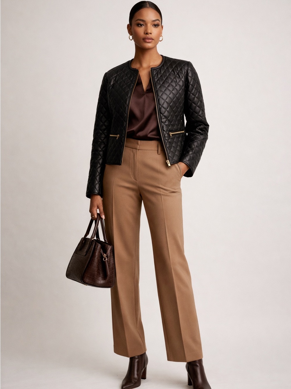 NWT Elie Tahari Quilted Faux Leather Moto Jacket Black Gold Zip SP Petite